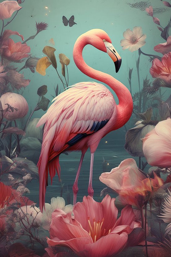 Flamingo met kleurrijke bloemen #4 poster