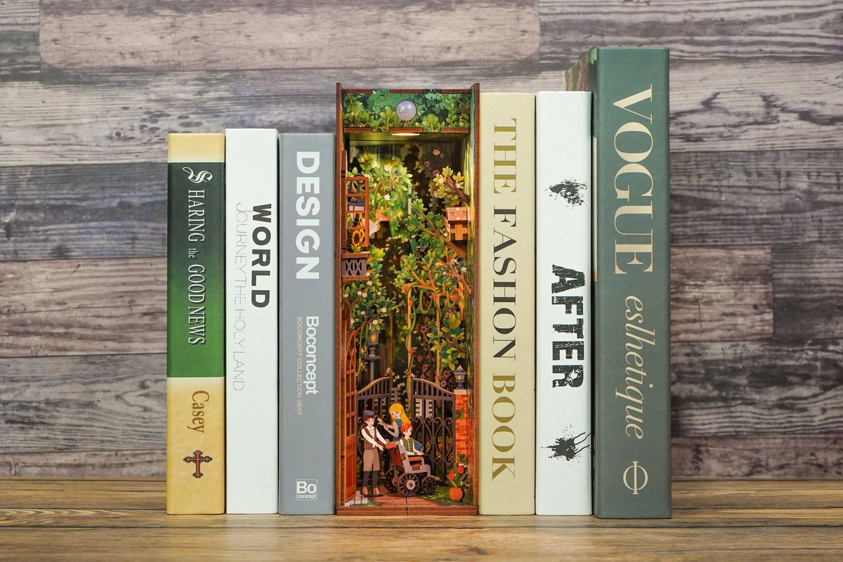 Tonecheer The Secret Garden Book Nook Bouwpakket - Modelbouw - 18,2 x 8 x 24,5 cm - Houten 3D Puzzel - Boekensteun - LED-licht - Bewegingssensor Licht - Boekenhouder — afbeelding 20