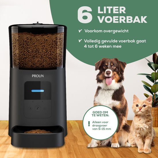 Proun Pet Voerautomaat - Dispenser voor Kat en Hond - Inhoud 6 Liter - met Smartphone besturing - Zwart - Voerbak - Proun