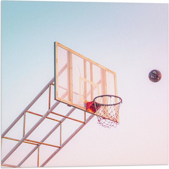 Vlag - Bal Vallend in Basket onder Blauwe Lucht - 50x50 cm Foto op Polyester Vlag