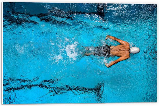 PVC Schuimplaat- Bovenaanzicht van Zwemmer met Badmuts - 60x40 cm Foto op PVC Schuimplaat