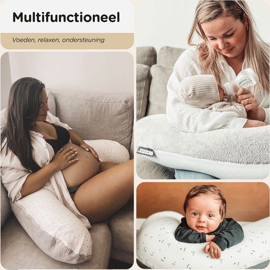 Snoozzz Voedingskussen Premium Kwaliteit - 185 cm – Microparel Vulling – Luxe Draagtas – Wasbare Hoes - Champagne