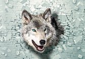 Fotobehang - Vlies Behang - Wolf komt uit Stenen Muur 3D - 368 x 254 cm