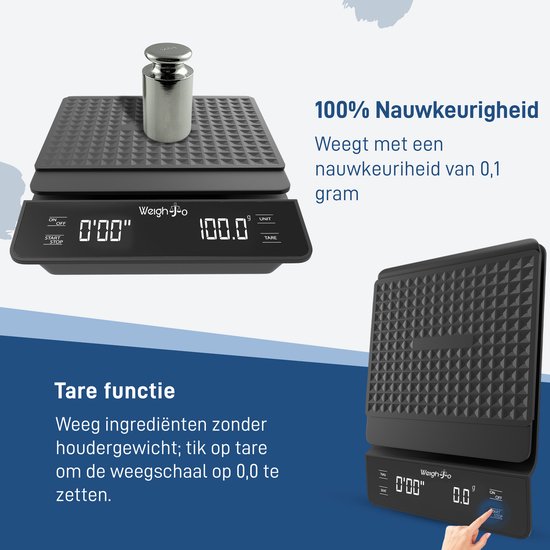 Zwarte digitale keukenweegschaal met een zilveren gewicht erop, met tekst over 0,1 gram nauwkeurigheid.