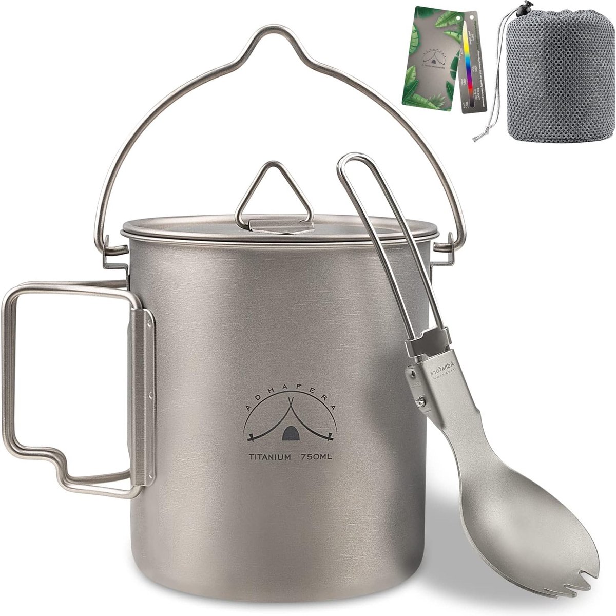 Camping titanium beker, titanium campingbeker met deksel, 99,8% titanium pot met lepel en draagbare zak (750 ml pan)