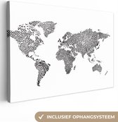 Canvas Wereldkaart - 90x60 - Wanddecoratie Wereldkaart - Vingerafdruk - Zwart - Wit - Kinderen - Jongens - Meisjes