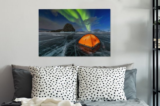 Tente sur la glace sous les aurores boréales toile 2cm 90x60 cm - Tirage photo sur toile (Décoration murale salon / chambre) / phénomènes naturels Peintures sur toile