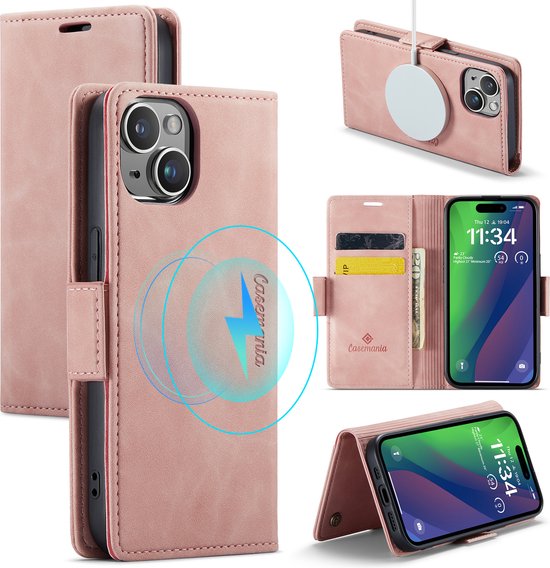 Casemania Coque pour Apple iPhone 15 Plus Pink Pâle - Étui Portefeuille - Adapté pour MagSafe
