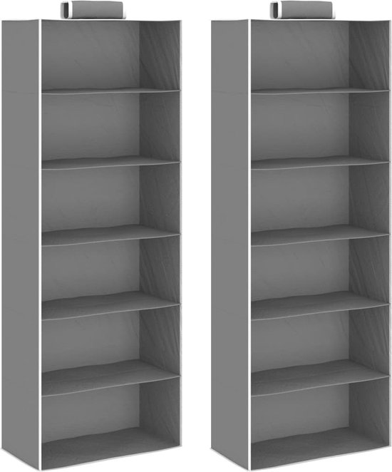 The Living Store Hangende Kledingkast-Organizer - 30 x 15 x 80 cm - Grijs en Wit - Opvouwbaar - 6 Schappen - 2 stuks