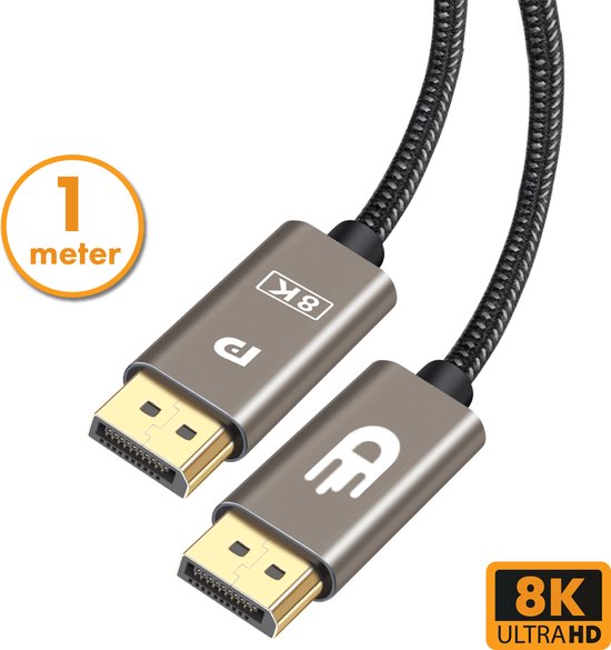 Drivv. Displayport Kabel - 8K 60Hz - 4K 144 Hz - 32.4GBps - Displayport 1.4 - DP Kabel - 1 meter - Modern Grey