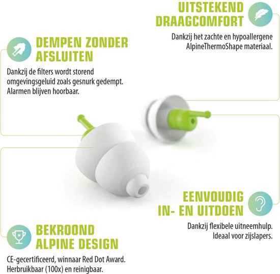Illustratie van Alpine SleepSoft oordoppen met teksten over draagcomfort, hoe het geluid dempt, gebruiksgemak en Alpine design.