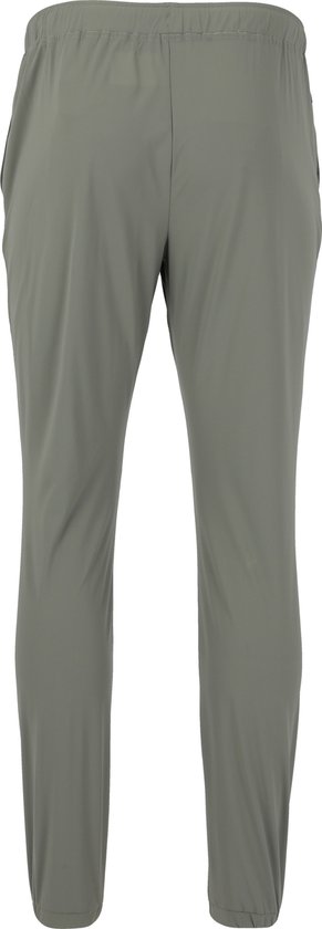 Grijze sportbroek met elastische tailleband en zoom, van achteren gezien.
