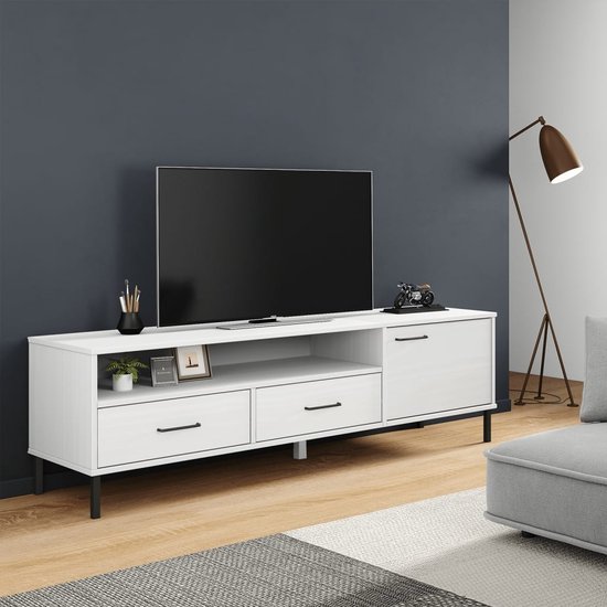 The Living Store OSLO TV-meubel - wit - 158 x 40 x 46.5 cm - massief grenenhout en metaal