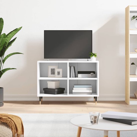 The Living Store Tv-meubel - naam - Tv-meubel - 69.5 x 30 x 50 cm - Opbergruimte - Stabiel - Wit - Bewerkt hout en ijzer