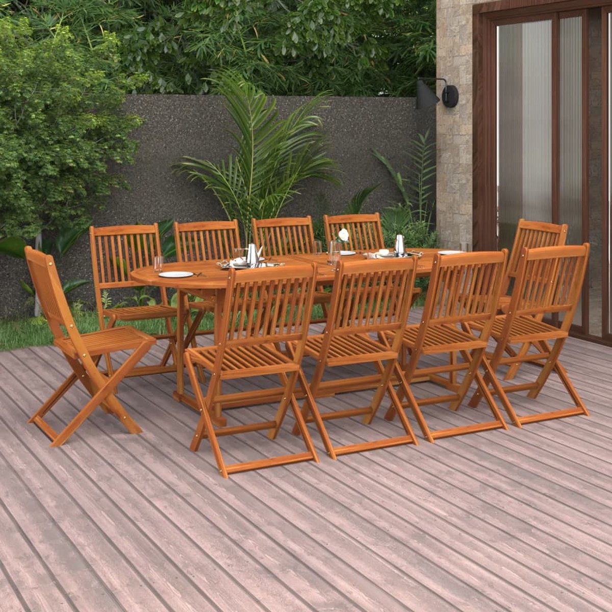 Tuinset van massief acaciahout met eetkamerstoelen en tafel - The Living Store.