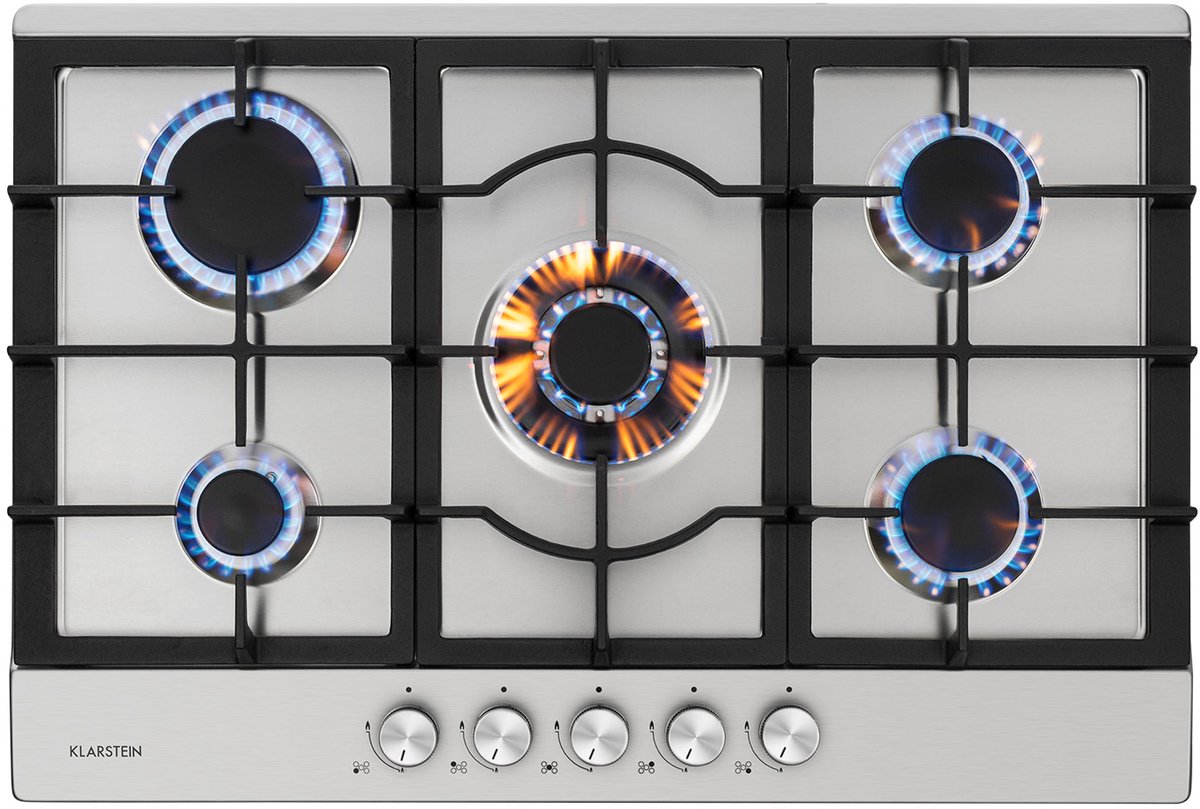 Klarstein Ignito 5-Zone Gaskookplaat - Sabaf-Branders - Onderhoudsvriendelijk - Efficiënt Koken - Gelijke Hittedistributie - Elektrische Ontsteking - Elegant Design - Intuïtieve Draaiknoppen - Glaskeramisch Oppervlak - Praktisch - Zilver