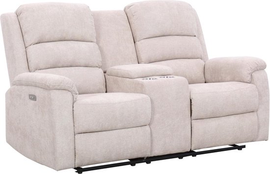 Elektrische relax-tweezitsbank van beige stof met plankje NEVERS L 171 cm x H 103 cm x D 95 cm