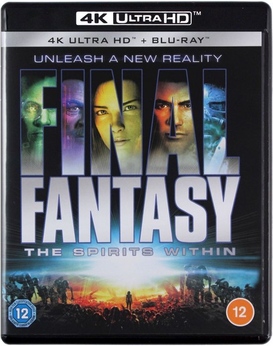 Voorzijde Blu-ray hoesje van Final Fantasy: The Spirits Within. Toont de gezichten van de hoofdpersonages boven de titel en een gevechtsscène.