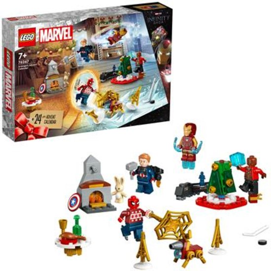 LEGO Marvel Avengers Adventskalender met figuren: Iron Man, Captain America, Spider-Man, Kerstboom, haardvuur, trein.