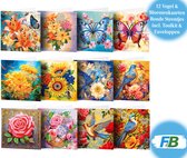 F4B Cartes de fleurs 12 pièces (2) Peinture de diamants 15 x 15 cm | Pierres rondes | Avec Enveloppes | Oiseaux | Papillons | Fleurs | Jeu de cartes | Roses | Tournesols | Iris | Forfait Adultes et Enfants