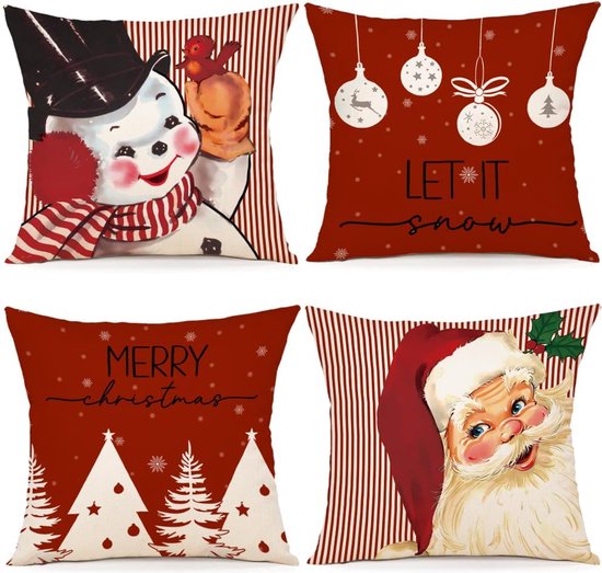 Kussensloop Kerstmis 45 x 45 cm, set van 4 kussenslopen, sierkussen, linnen kussenhoezen voor decoratie, Kerstmis, bank, slaapkamer, bank, kussensloop, 45 x 45 cm