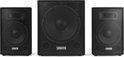 Drie zwarte Vonyx luidsprekers: een subwoofer in het midden, twee kleinere luidsprekers aan weerszijden.