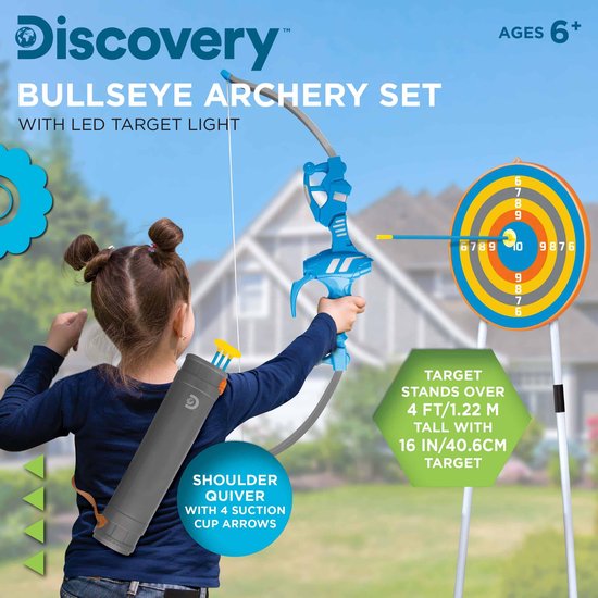 Ensemble de tir à l'arc Discovery Kids Bullseye avec lampe cible à LED -  comprenant 4