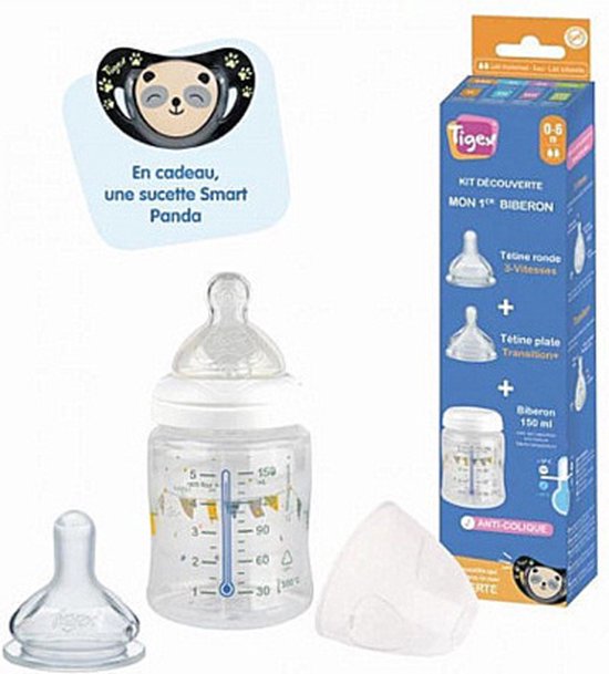 Babyflesje - TIGEX | setje | 0-6 maanden | 150 ml flesje | 1 ronde fopspeen | 1 transition + fopspeen | 1 Smart Night | 4 stuks 0-6 maanden