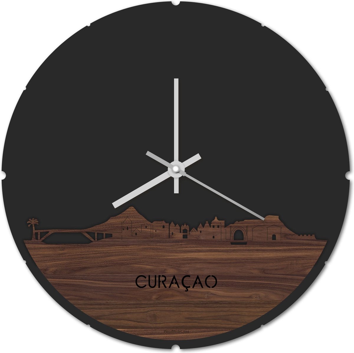 Skyline Klok Rond Curaçao Notenhout - Ø 44 cm - Stil uurwerk - Wanddecoratie - Meer steden beschikbaar - Woonkamer idee - Woondecoratie - City Art - Steden kunst - Cadeau voor hem - Cadeau voor haar - Jubileum - Trouwerij - Housewarming -