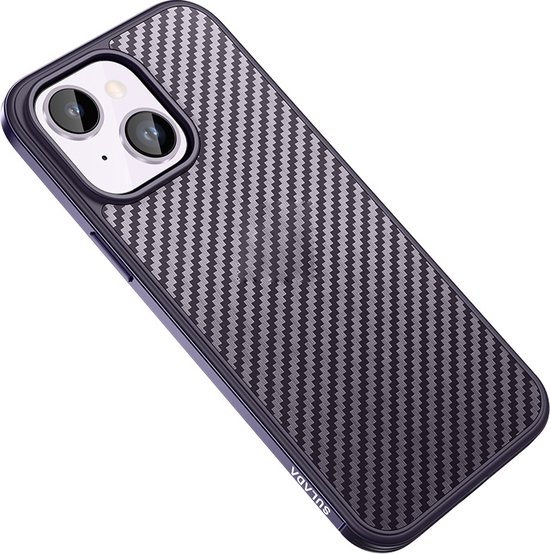Sulada Carbonshield backcover shockproof met metale rand om case voor iPhone 14 donker paars