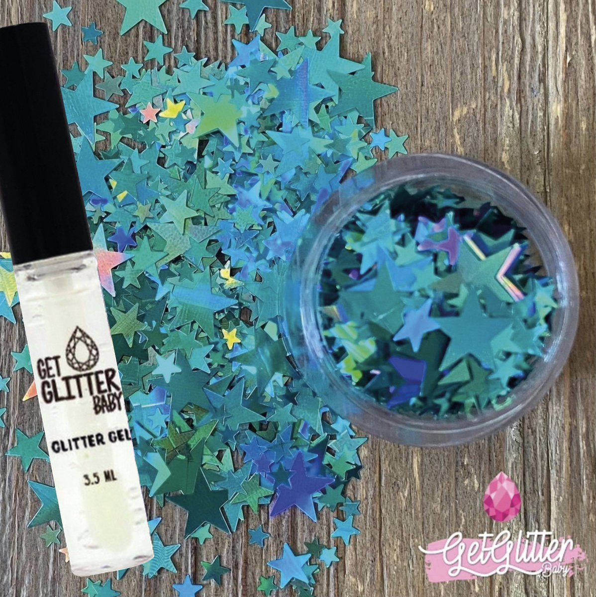 GetGlitterBaby® - Chunky Festival Glitters Sterretjes voor Lichaam en Gezicht Gel Glitterlijm Huid lijm / Face Body Glitter Jewels - Groen / Blauw + Glittergel Huidlijm