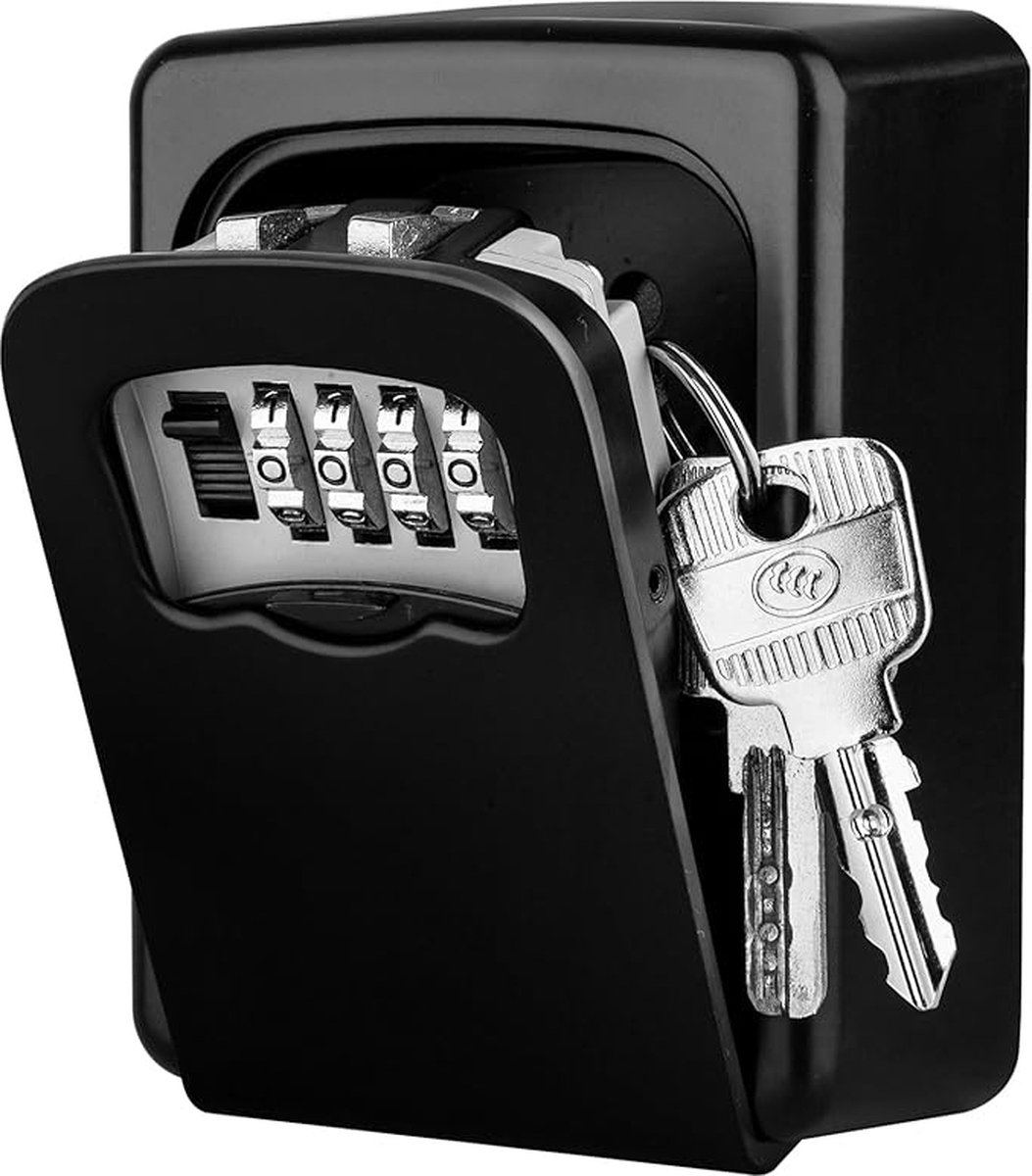 Sleutelkluis met 4-Cijferige Cijfercode, [Buiten] Sleutel Veilige Opslag Lock Box, Weerbestendig, voor Huis, Garages, School Vervanging Huissleutels (Wandmontage)-Zwart