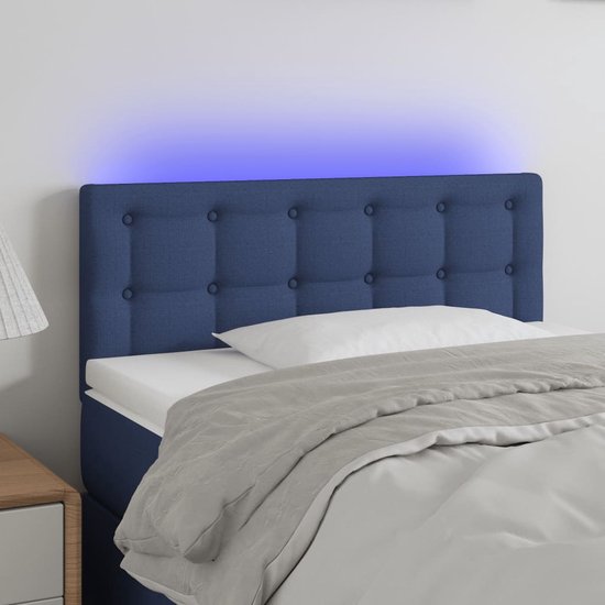 The Living Store Hoofdeind - LED-verlichting - Verstelbare hoogte - Comfortabele ondersteuning - Snijdbare LED-strip - Kleur- blauw - Materiaal- stof - hout - Afmetingen- 90x5x78/88cm - The Living Store