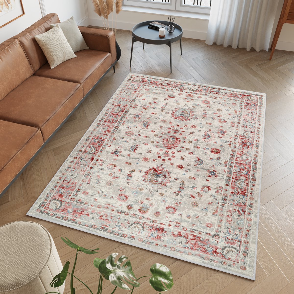 Tapiso Retro Vloerkleed Rood Grijs Ornamenten Vintage Tapijt Maat- 180x250