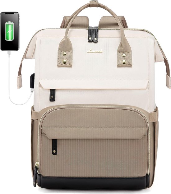 Sac à dos pour ordinateur portable 17,3 pouces - Beige - Port de chargement USB - Sac à dos pour adultes et adolescents - Sac étanche pour ordinateur portable