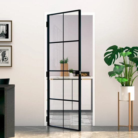 The Living Store Binnendeur - Getemperd glas - 83 x 201.5 cm - Zwart - Aluminium frame