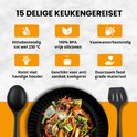 Zwarte pollepel en spatel op een bord met roerbakgroenten, met pictogrammen voor hittebestendigheid.