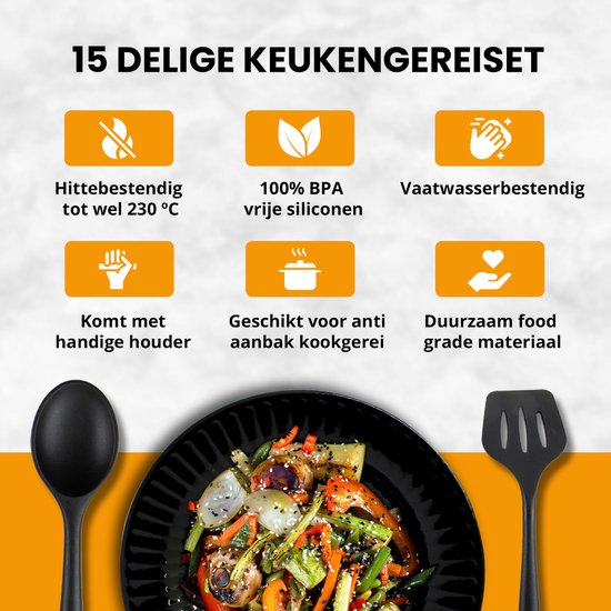 Zwarte pollepel en spatel op een bord met roerbakgroenten, met pictogrammen voor hittebestendigheid.