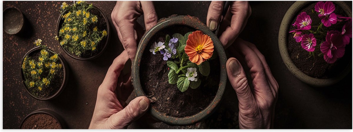 Poster Glanzend – Bloemen - Bloempot - Potgrond - Handen - 60x20 cm Foto op Posterpapier met Glanzende Afwerking