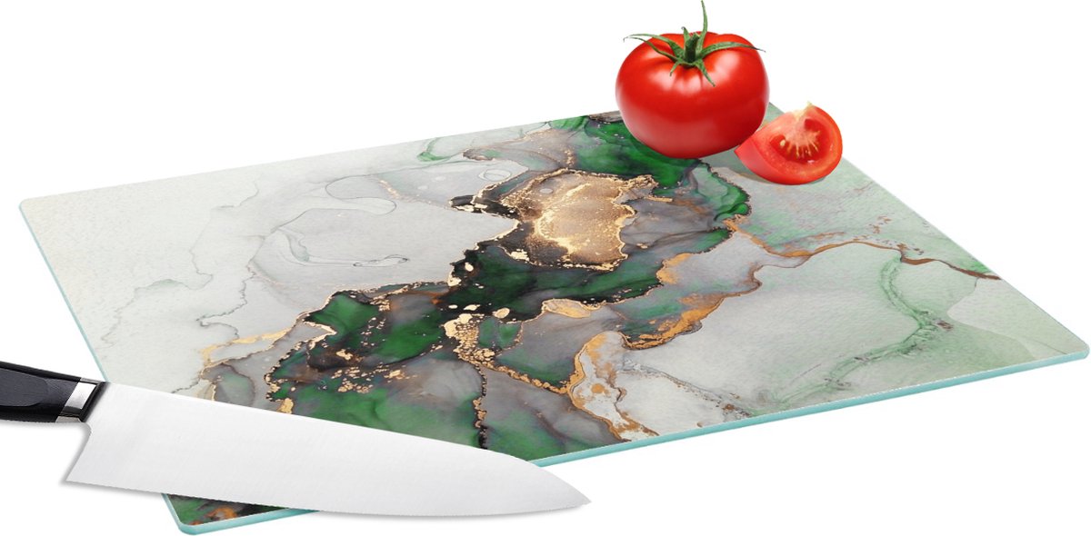 Glazen Snijplank - 39x28 - Marmer - Goud - Groen - Luxe - Snijplanken Glas