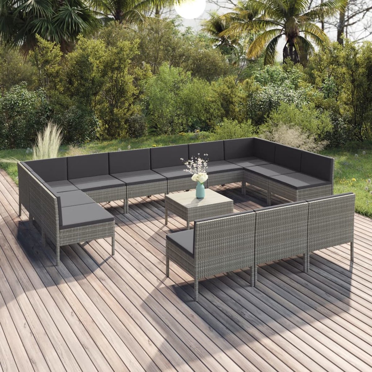 14-delige Loungeset poly rattan grijs met kussens - The Living Store.