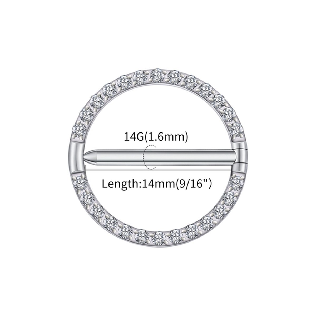 Tepelpiercing titanium cirkel met steentjes rondom 1.6x14 - zilver - LMPiercings