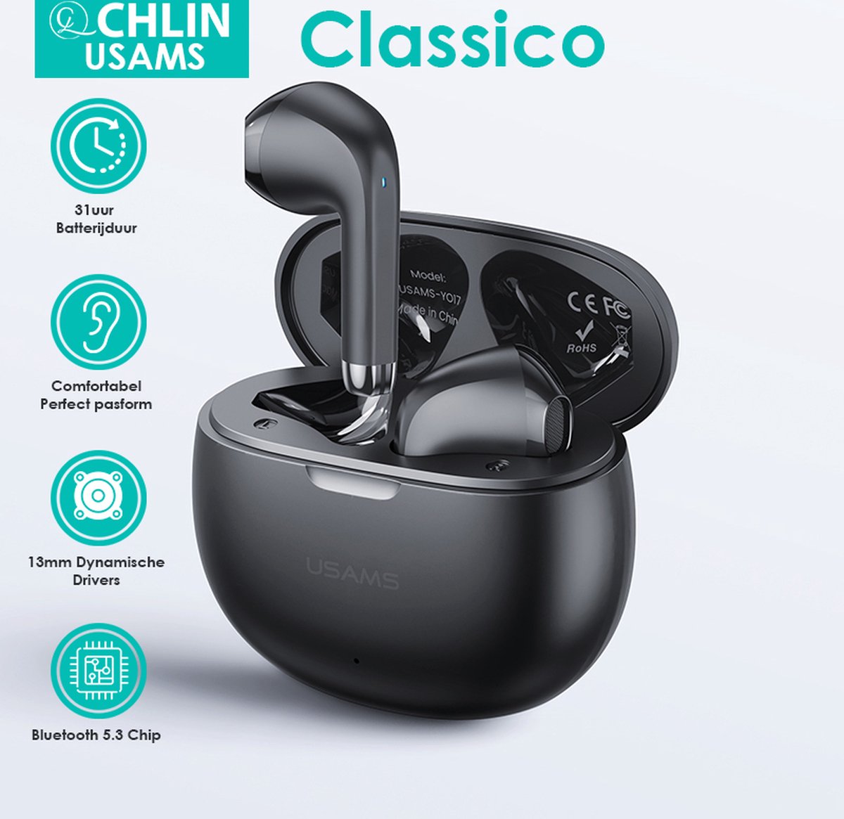 CL CHLIN Classico Zwart - Volledige Draadloze In-Ear Bluetooth 5.3 oordopje - Open ear oordopje - Hifi geluids kwaliteit - Draadloze oortje Bluetooth - Sport oordopjes - bluetooth oordopjes - draadloze oordopjes - oortjes draadloos - in-ear oordopjes