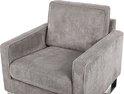 Grijze corduroy fauteuil met dikke, verticale ribbels en chromen poten.