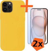 Hoesje Geschikt voor iPhone 15 Pro Hoesje Siliconen Cover Case Met 2x Screenprotector - Hoes Geschikt voor iPhone 15 Pro Hoes Back Case - Geel.