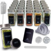 Comforder 25 Glazen Kruidenpotjes met Strooideksel - Vierkante Kruidenstrooier - Complete Set met Bedrukte Stickers, Trechter en Meer