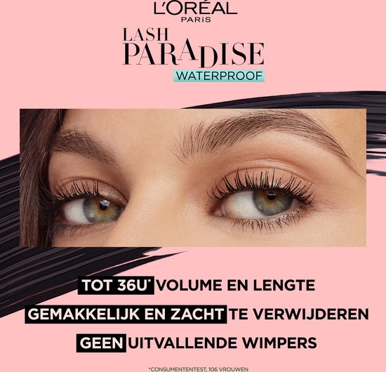 Close-up van groene ogen met volumineuze, lange zwarte wimpers. Geeft 36 uur volume en lengte.