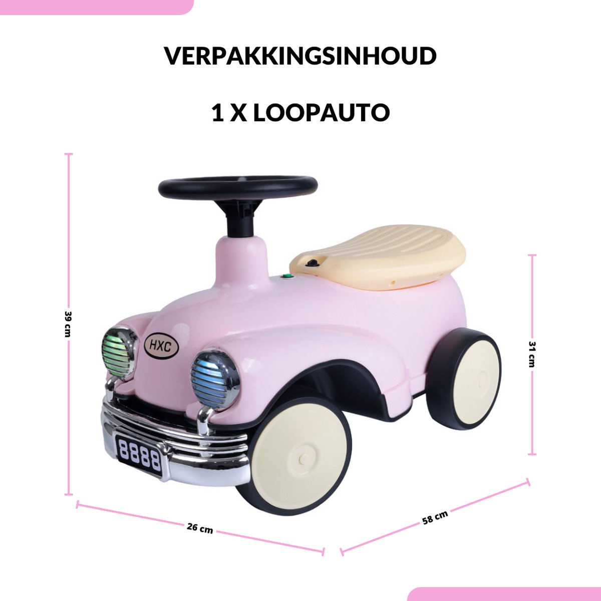 Buxibo Retro Loopauto | Loopwagen voor Jongens & Meisjes | 1-3 jaar | Veilig | Stimuleert Motorische Vaardigheden | Roze - 58x29x38cm — afbeelding 11