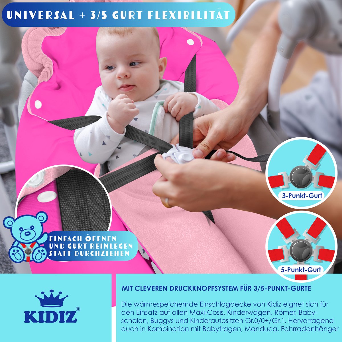 KIDIZ® Baby Slaapzak voor Buggy Voetenzak voor Autostoeltje & Wandelwagen Babyschaal, voor Winter met Kap + Babyslaapzak Deken voor Maxi-Cosi & Kinderwagen alle Gordelsystemen 3 & 5-Puntsgordel - Roze / Roze – foto 3