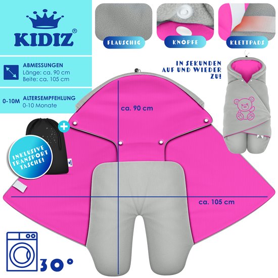 KIDIZ® Baby Slaapzak voor Buggy Voetenzak voor Autostoeltje & Wandelwagen Babyschaal, voor Winter met Kap + Babyslaapzak Deken voor Maxi-Cosi & Kinderwagen alle Gordelsystemen 3 & 5-Puntsgordel - Grijs / Roze van Merkloos — afbeelding 3